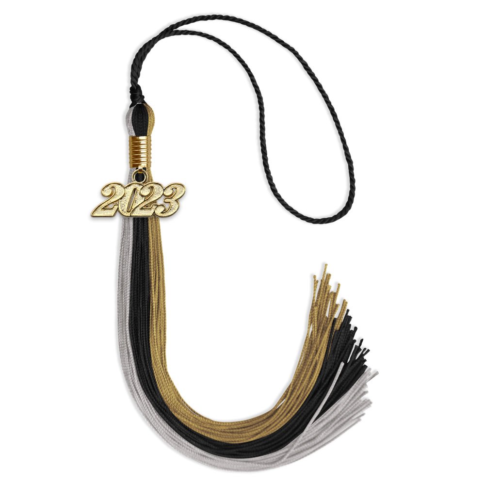 Black/Grey/Antique Gold Graduation Tassel With Gold Date Drop - Endea Graduation