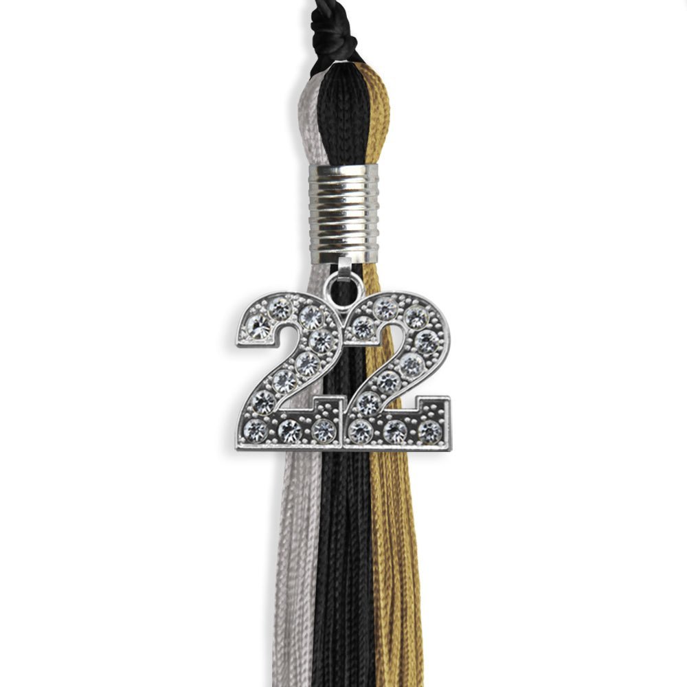 Black/Grey/Antique Gold Graduation Tassel With Silver Date Drop - Endea Graduation