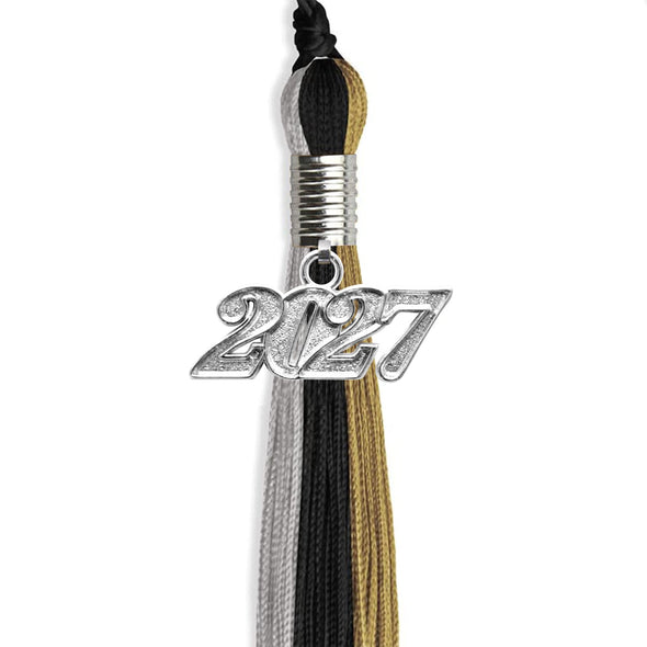Black/Grey/Antique Gold Graduation Tassel With Silver Date Drop - Endea Graduation