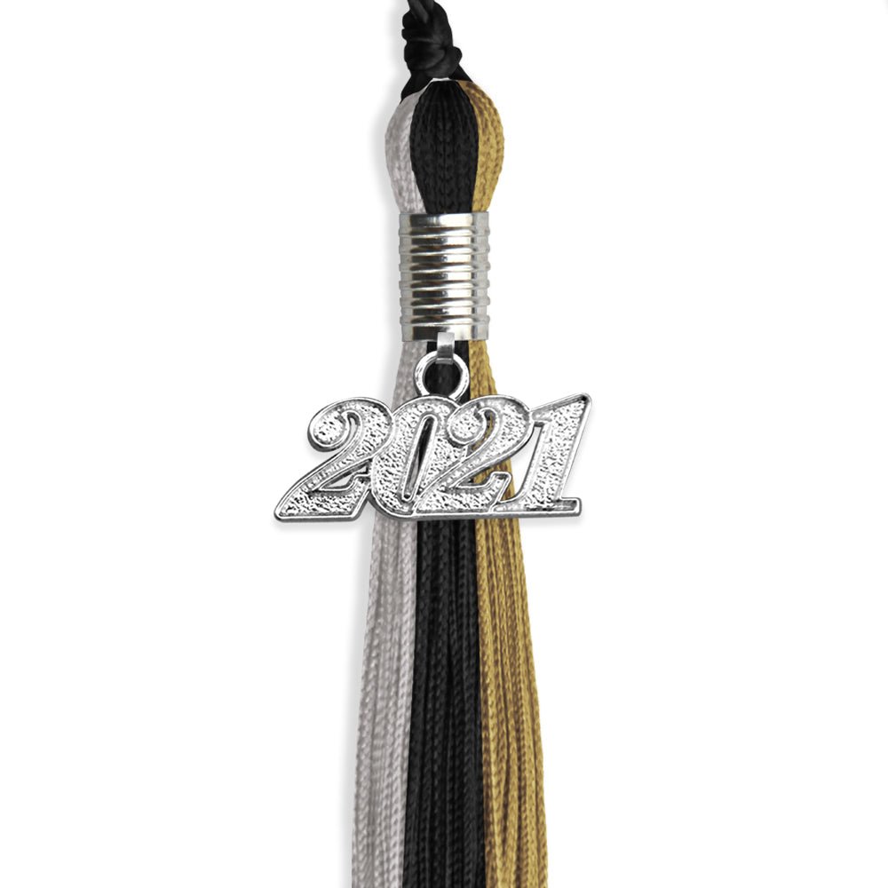 Black/Grey/Antique Gold Graduation Tassel With Silver Date Drop - Endea Graduation