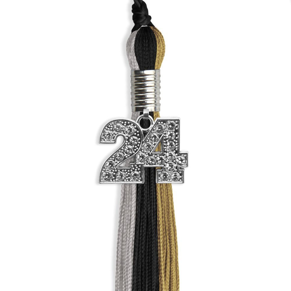 Black/Grey/Antique Gold Graduation Tassel With Silver Date Drop - Endea Graduation