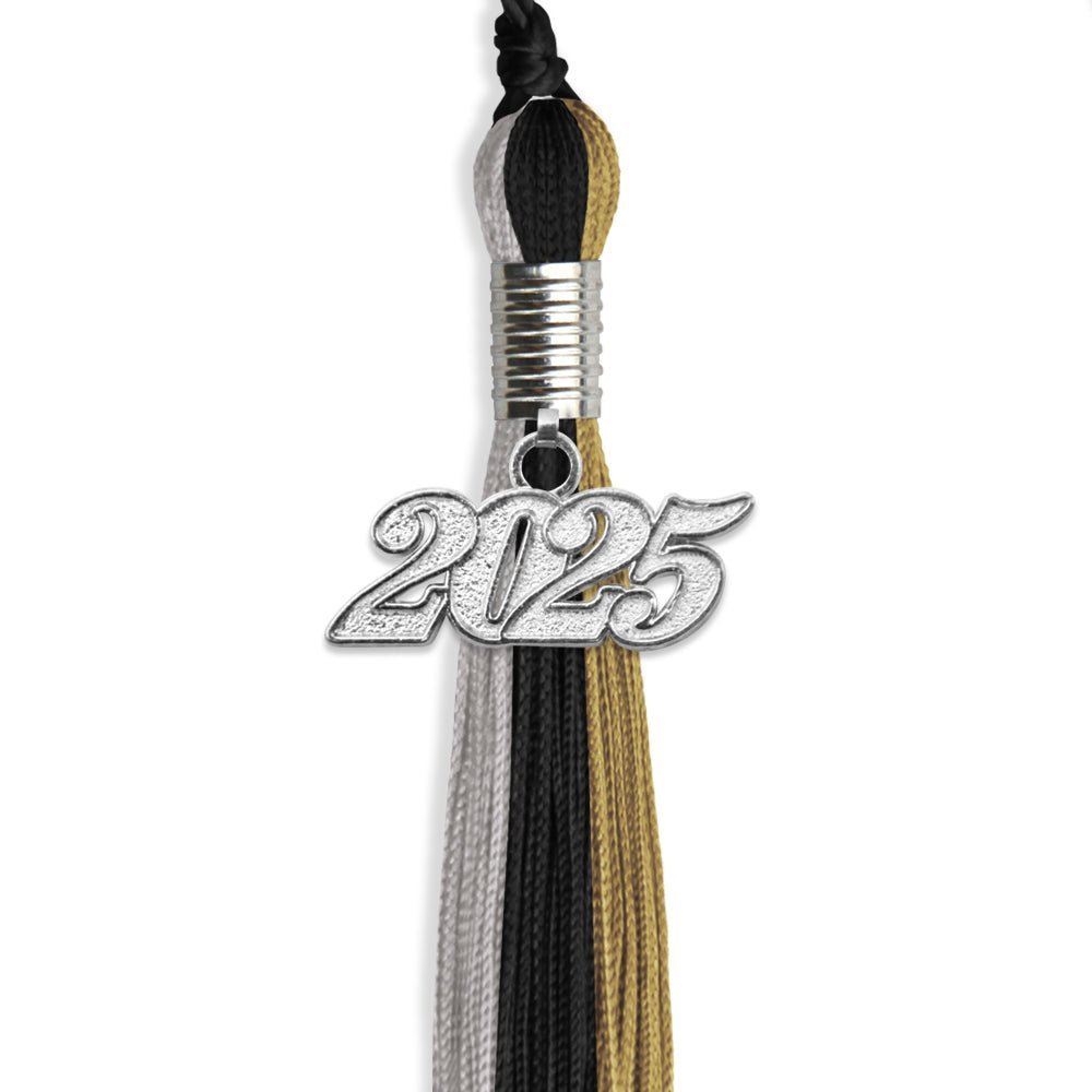 Black/Grey/Antique Gold Graduation Tassel With Silver Date Drop - Endea Graduation