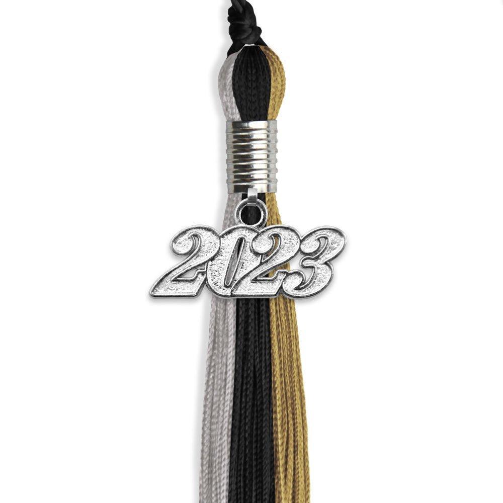 Black/Grey/Antique Gold Graduation Tassel With Silver Date Drop - Endea Graduation