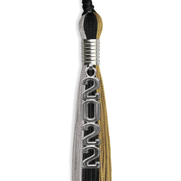Black/Grey/Antique Gold Graduation Tassel With Silver Stacked Date Drop - Endea Graduation