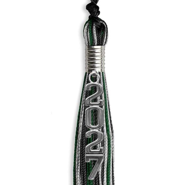 Black/Hunter Green/Silver Mixed Color Graduation Tassel With Silver Stacked Date Drop - Endea Graduation