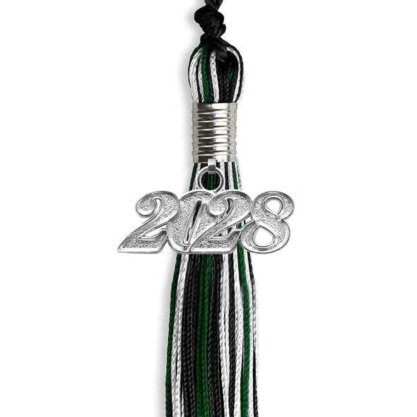 Black/Hunter Green/White Mixed Color Graduation Tassel With Silver Date Drop - Endea Graduation
