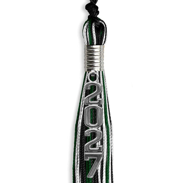 Black/Hunter Green/White Mixed Color Graduation Tassel With Silver Stacked Date Drop - Endea Graduation