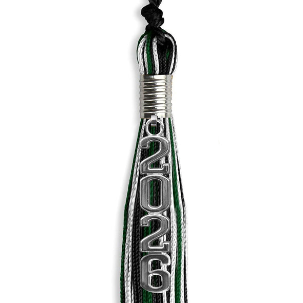 Black/Hunter Green/White Mixed Color Graduation Tassel With Silver Stacked Date Drop - Endea Graduation