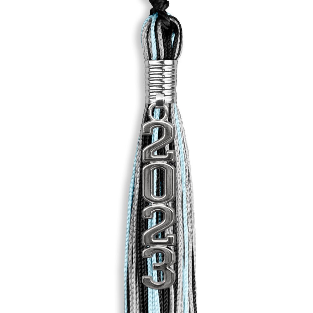 Black/Light Blue/Silver Graduation Tassel With Silver Stacked Date Drop - Endea Graduation