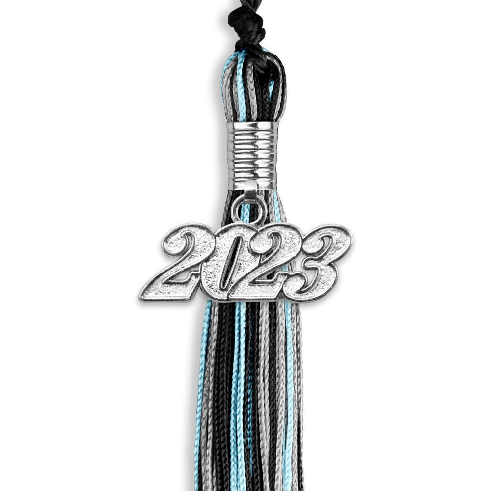 Black/Light Blue/Silver Mixed Color Graduation Tassel With Silver Date Drop - Endea Graduation