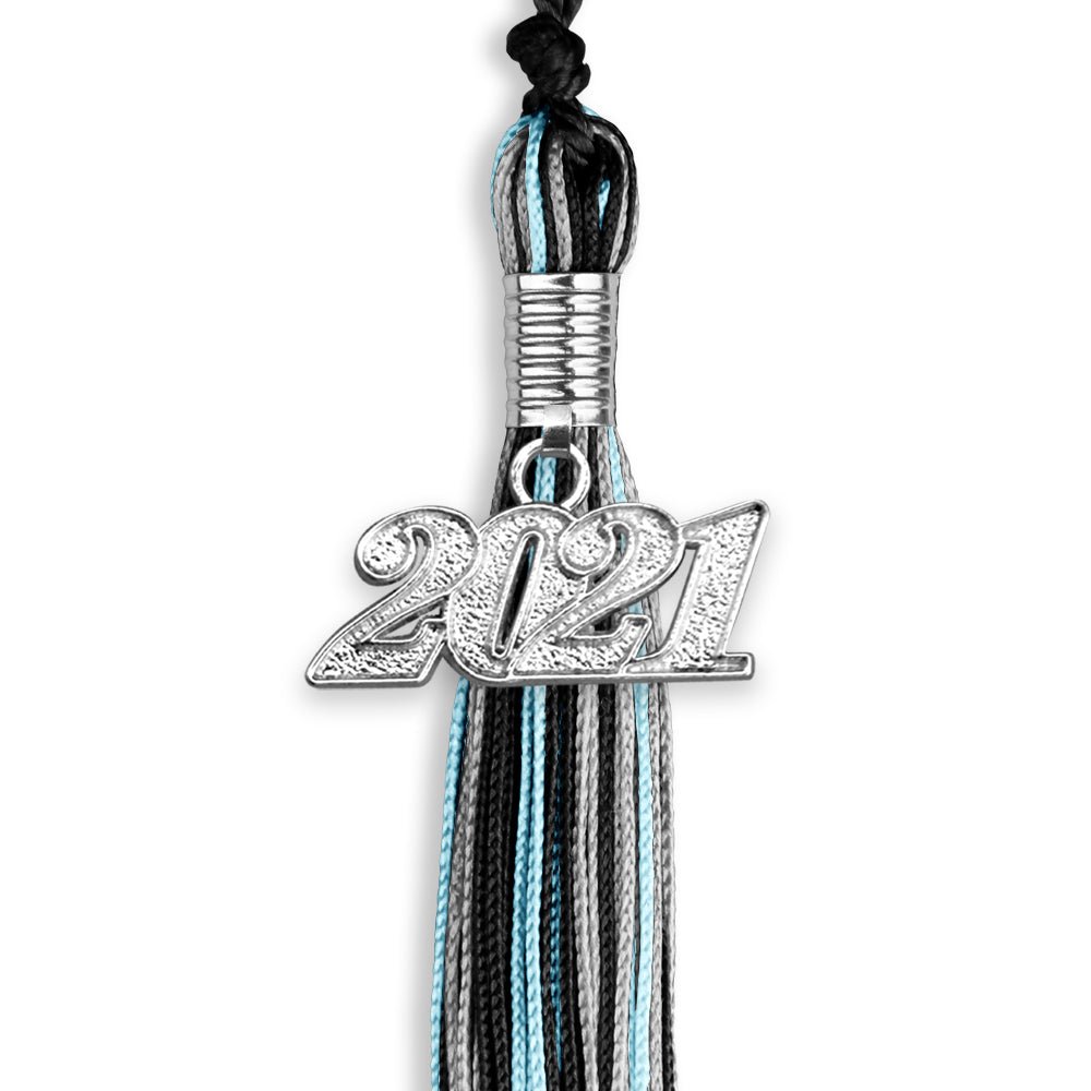 Black/Light Blue/Silver Mixed Color Graduation Tassel With Silver Date Drop - Endea Graduation