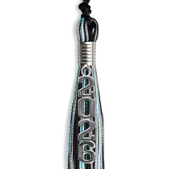 Black/Light Blue/Silver Mixed Color Graduation Tassel With Silver Stacked Date Drop - Endea Graduation