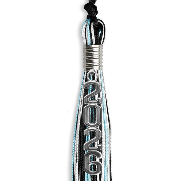 Black/Light Blue/White Mixed Color Graduation Tassel With Silver Stacked Date Drop - Endea Graduation