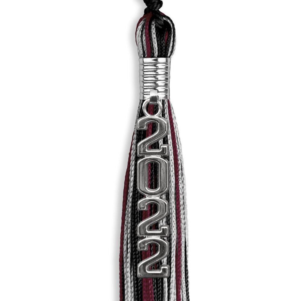 Black/Maroon/Silver Graduation Tassel With Silver Stacked Date Drop - Endea Graduation