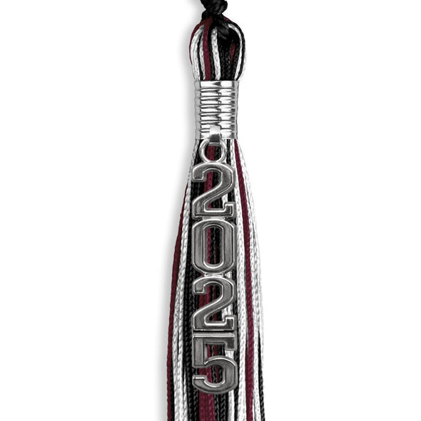 Black/Maroon/White Graduation Tassel With Silver Stacked Date Drop - Endea Graduation