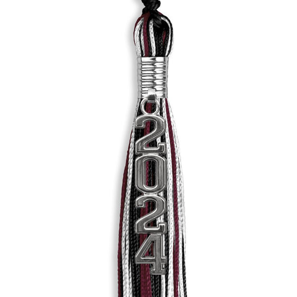 Black/Maroon/White Graduation Tassel With Silver Stacked Date Drop - Endea Graduation