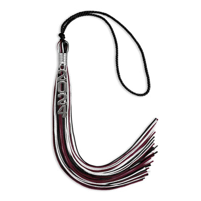 Black/Maroon/White Mixed Color Graduation Tassel With Silver Stacked Date Drop - Endea Graduation