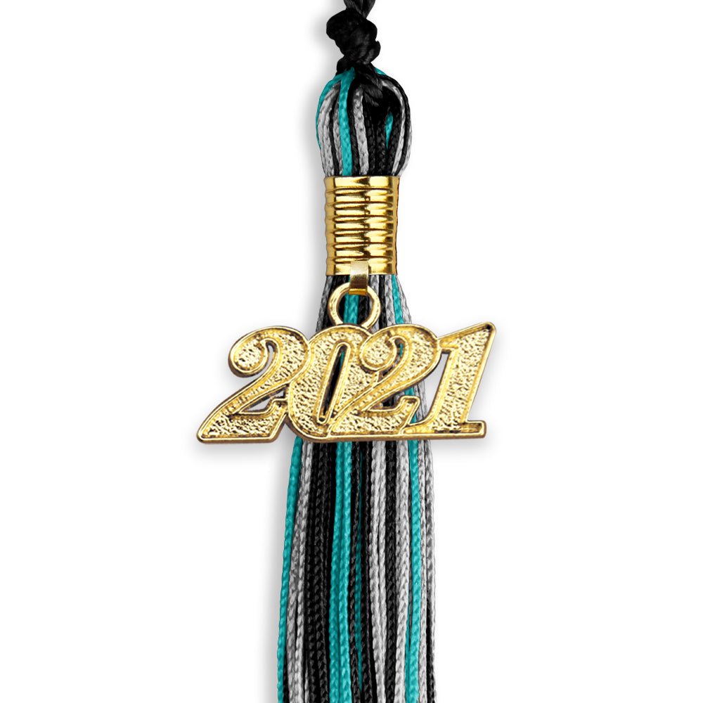 Black/Peacock/Silver Mixed Color Graduation Tassel With Gold Date Drop - Endea Graduation