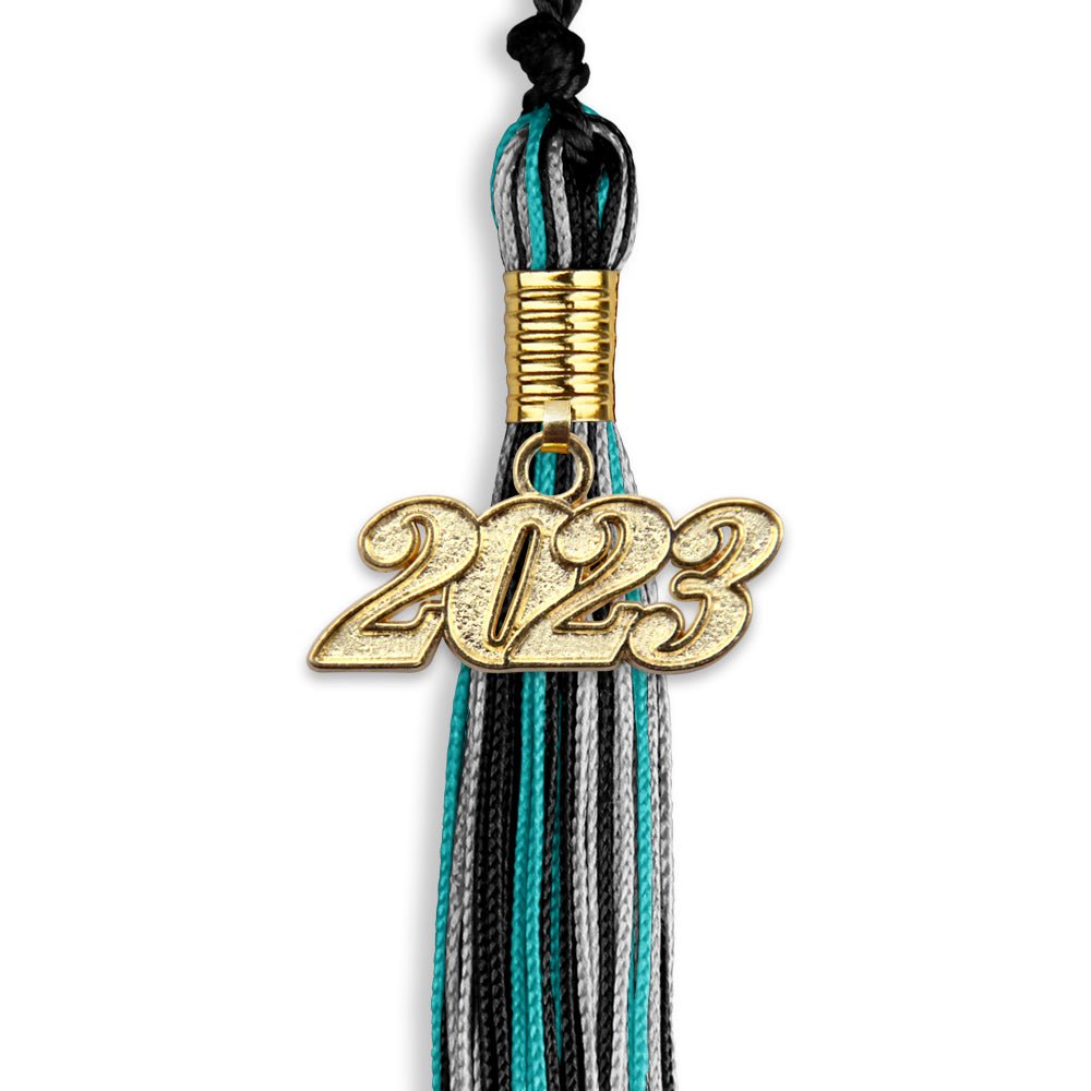 Black/Peacock/Silver Mixed Color Graduation Tassel With Gold Date Drop - Endea Graduation