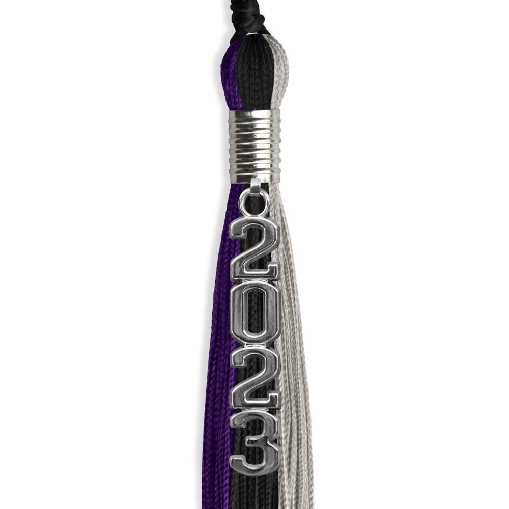 Black/Purple/Grey Graduation Tassel With Silver Stacked Date Drop - Endea Graduation