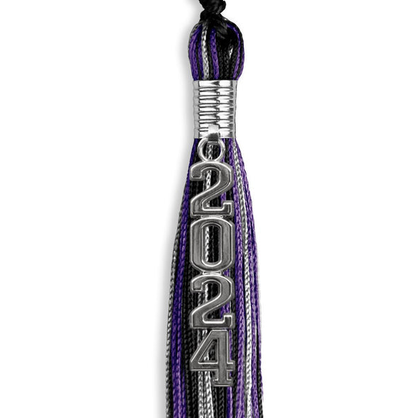 Black/Purple/Silver Graduation Tassel With Silver Stacked Date Drop - Endea Graduation