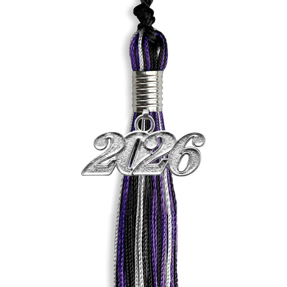 Black/Purple/Silver Mixed Color Graduation Tassel With Silver Date Drop - Endea Graduation