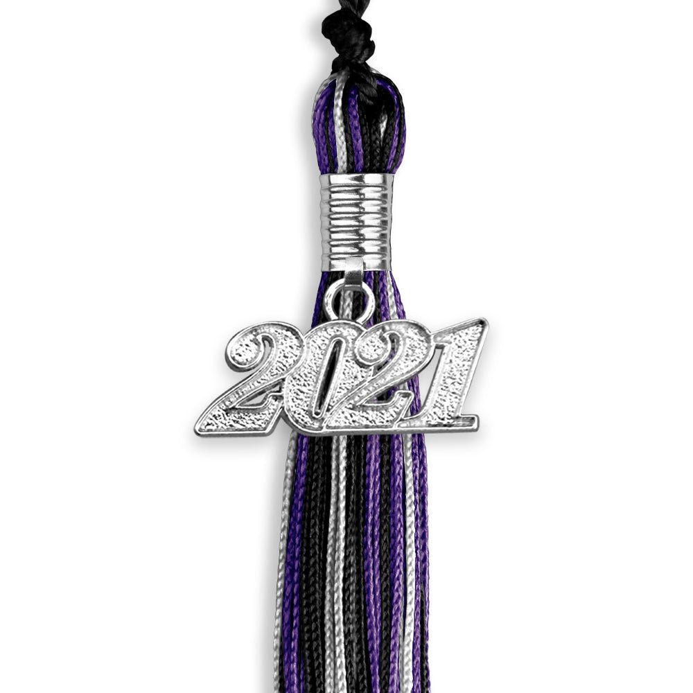 Black/Purple/Silver Mixed Color Graduation Tassel With Silver Date Drop - Endea Graduation