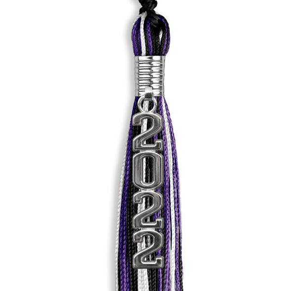 Black/Purple/White Graduation Tassel With Silver Stacked Date Drop - Endea Graduation