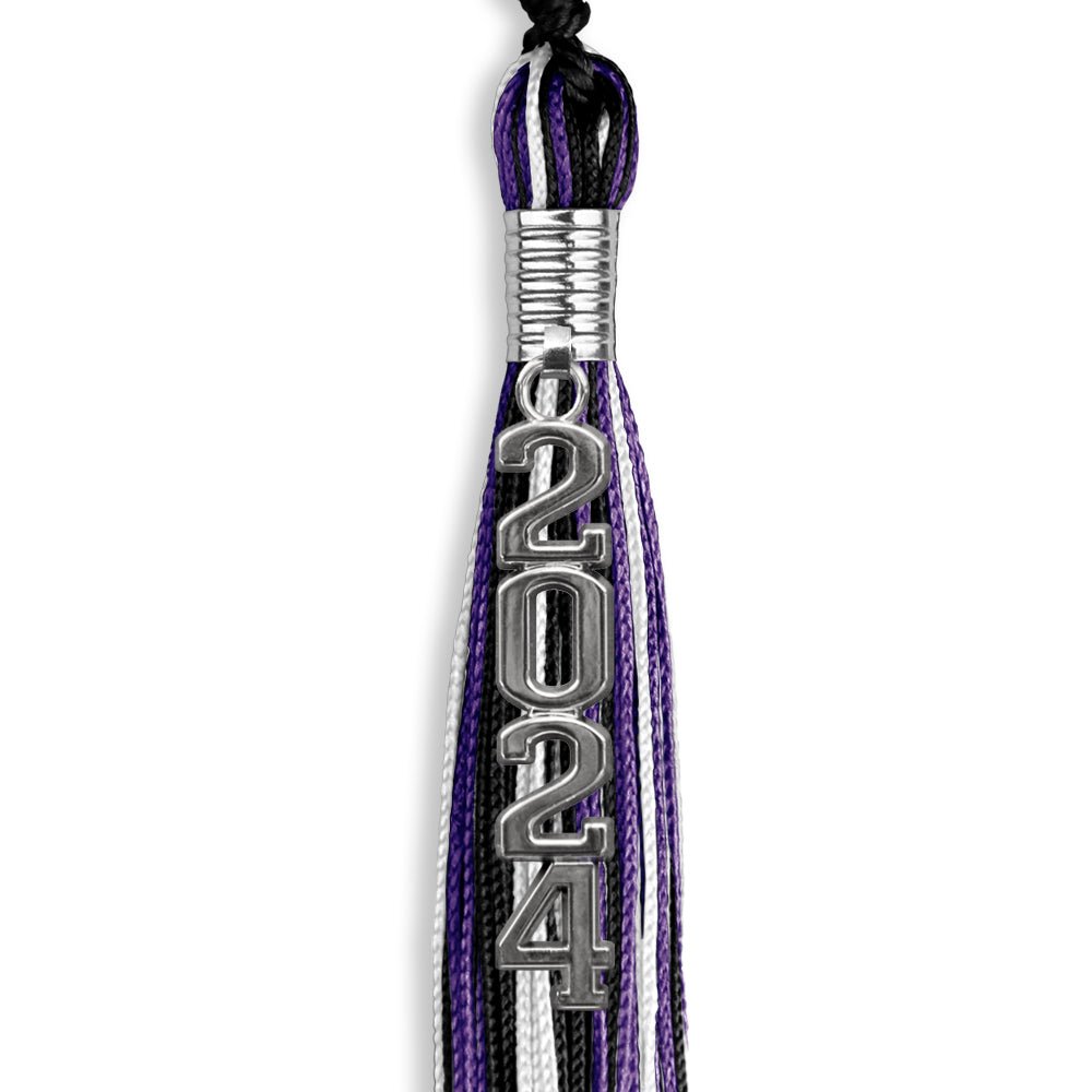 Black/Purple/White Graduation Tassel With Silver Stacked Date Drop - Endea Graduation