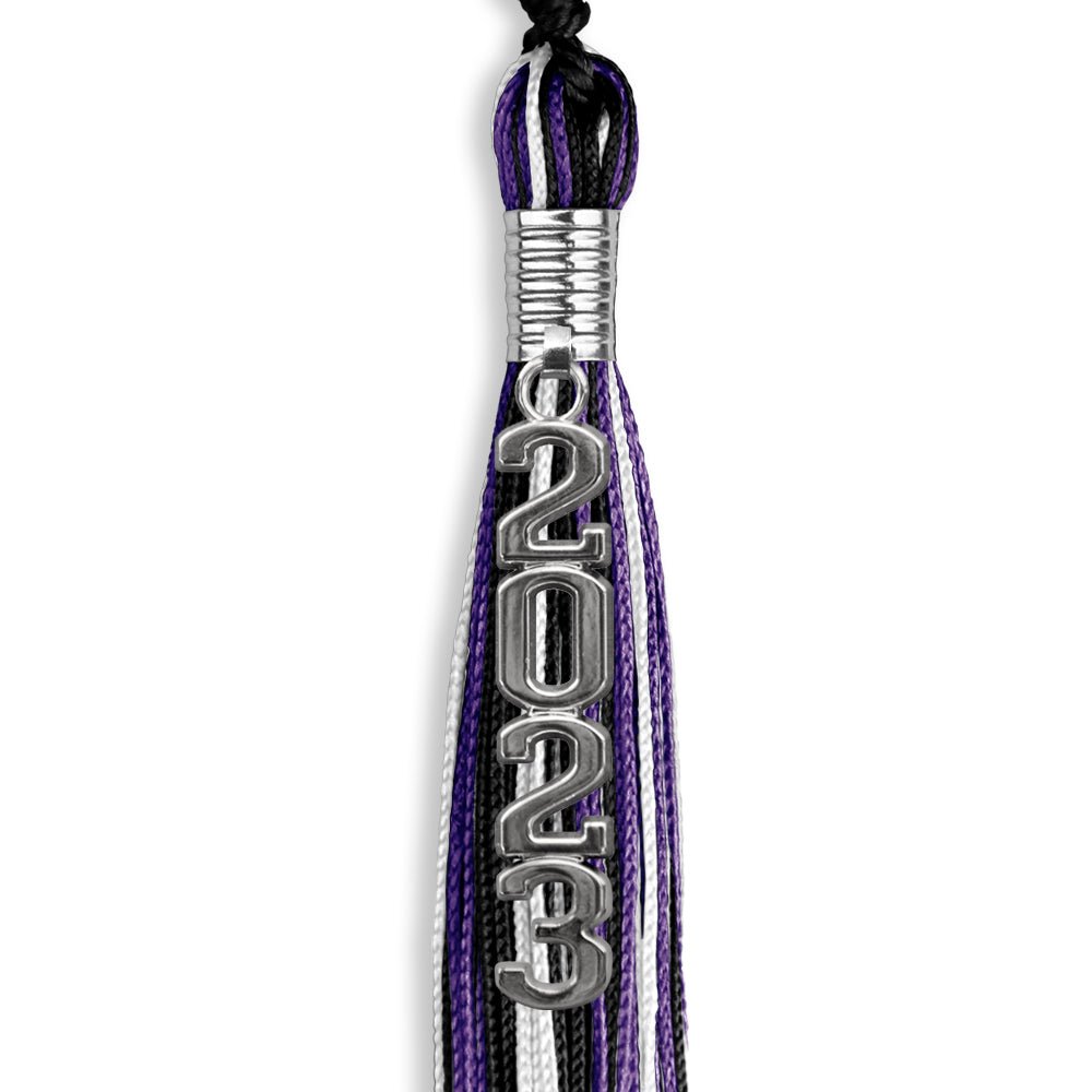 Black/Purple/White Graduation Tassel With Silver Stacked Date Drop - Endea Graduation