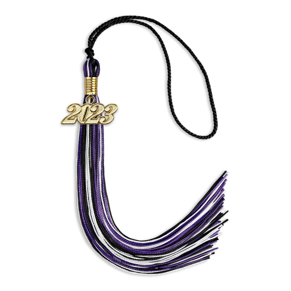 Black/Purple/White Mixed Color Graduation Tassel With Gold Date Drop - Endea Graduation