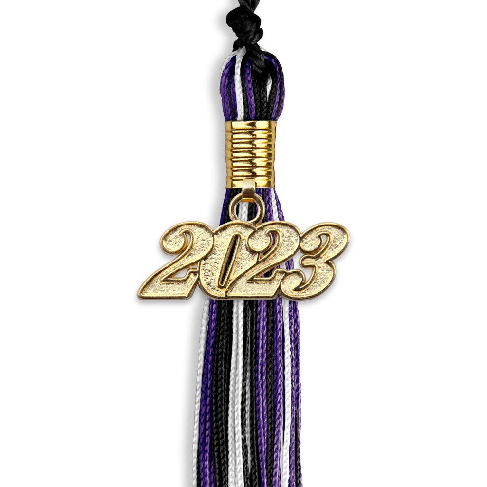 Black/Purple/White Mixed Color Graduation Tassel With Gold Date Drop - Endea Graduation