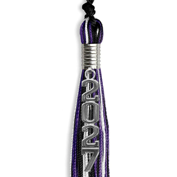 Black/Purple/White Mixed Color Graduation Tassel With Silver Stacked Date Drop - Endea Graduation