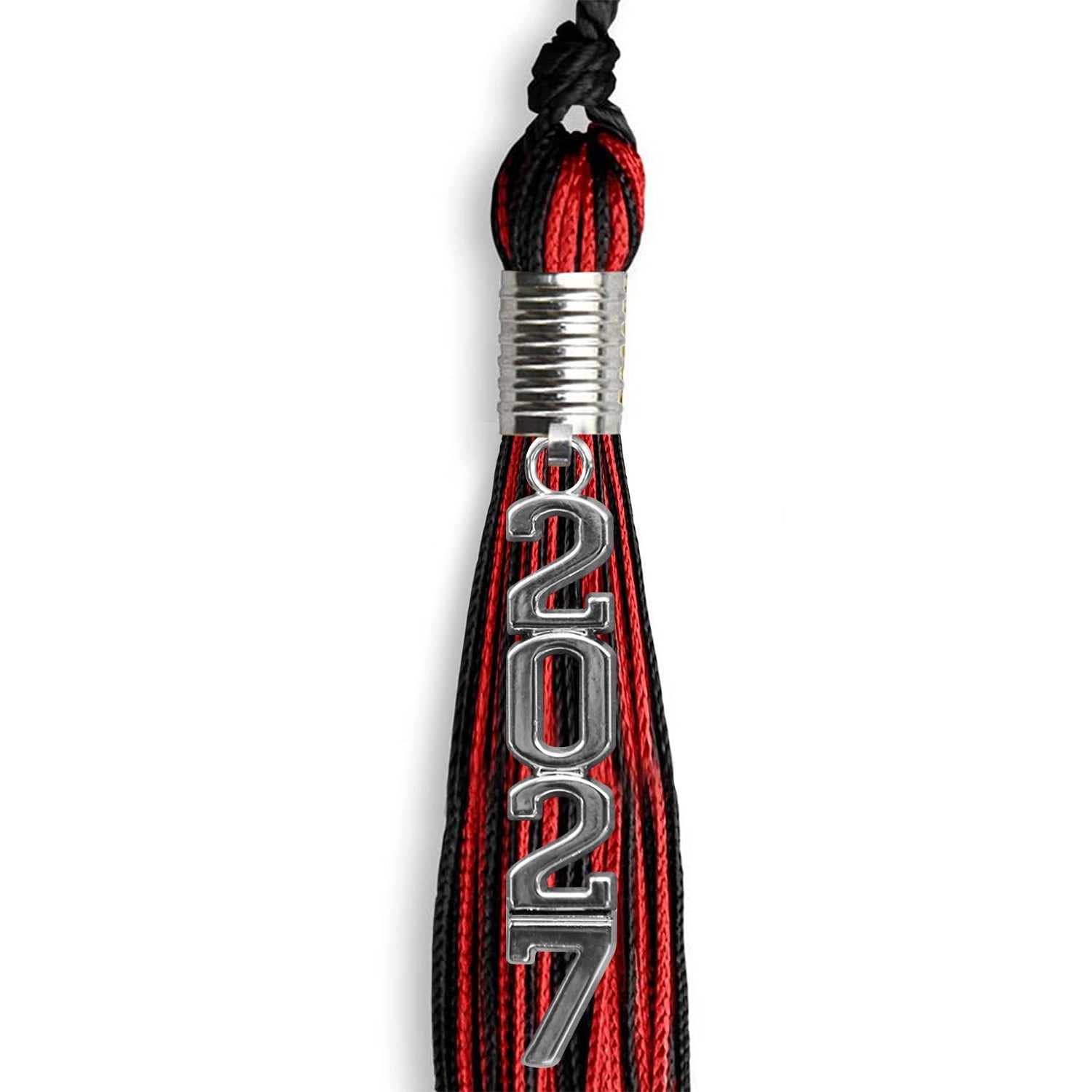 Black/Red Mixed Color Graduation Tassel With Stacked Silver Date Drop -