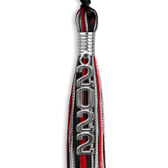 Black/Red/Silver Graduation Tassel With Silver Stacked Date Drop - Endea Graduation