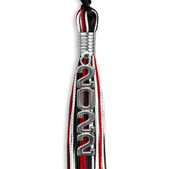 Black/Red/White Graduation Tassel With Silver Stacked Date Drop - Endea Graduation