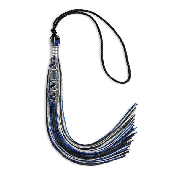 Black/Royal Blue/Silver Graduation Tassel With Silver Stacked Date Drop - Endea Graduation