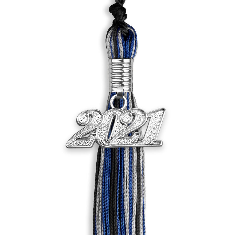 Black/Royal Blue/Silver Mixed Color Graduation Tassel With Silver Date Drop - Endea Graduation