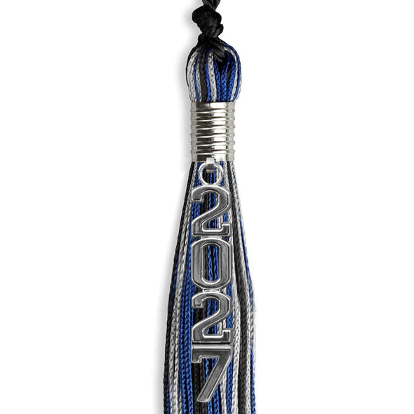 Black/Royal Blue/Silver Mixed Color Graduation Tassel With Silver Stacked Date Drop - Endea Graduation