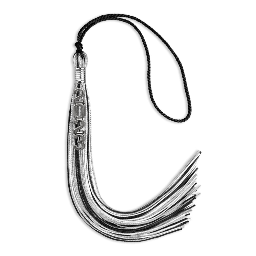 Black/Silver/White Graduation Tassel With Silver Stacked Date Drop - Endea Graduation