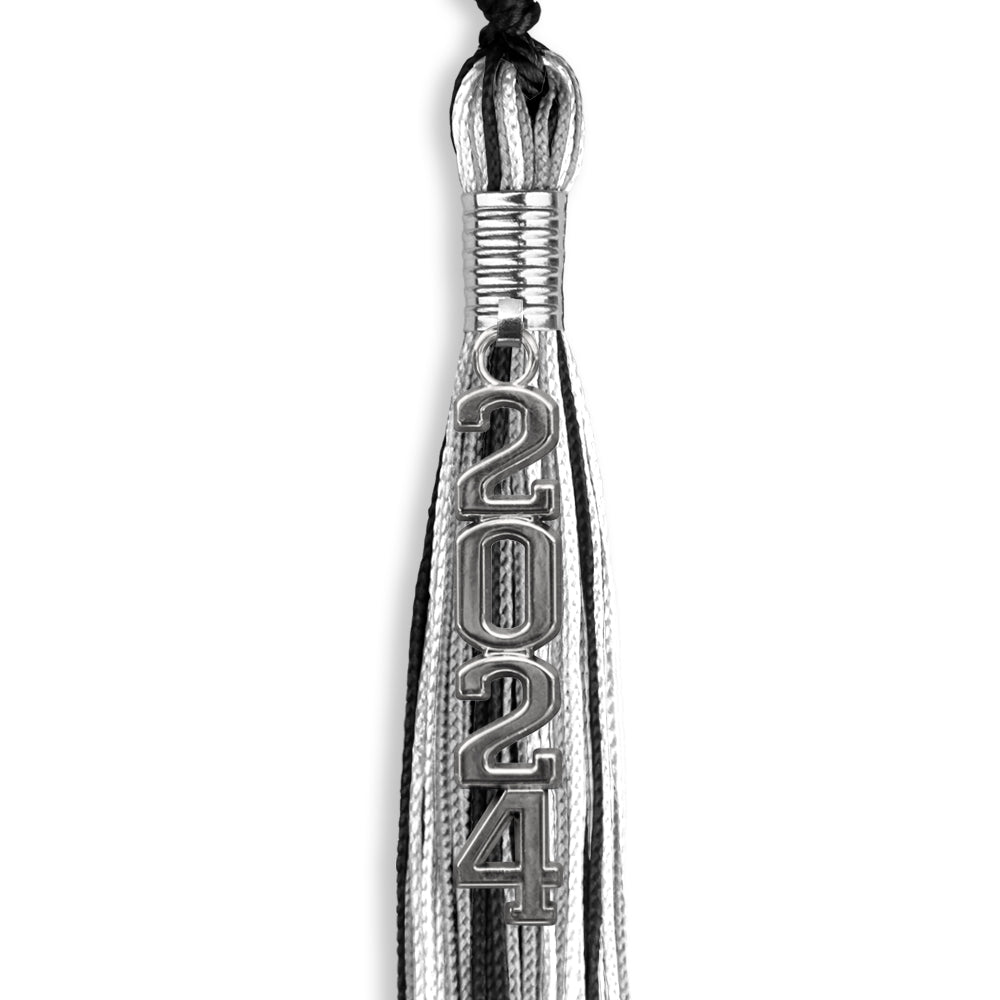 Black/Silver/White Graduation Tassel With Silver Stacked Date Drop - Endea Graduation