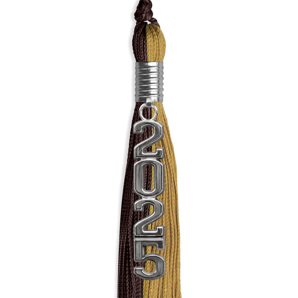 Brown/Antique Gold Graduation Tassel With Silver Stacked Date Drop - Endea Graduation