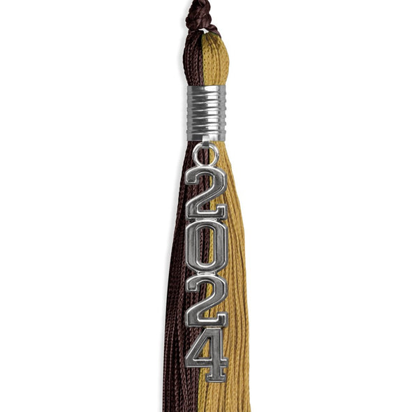 Brown/Antique Gold Graduation Tassel With Silver Stacked Date Drop - Endea Graduation