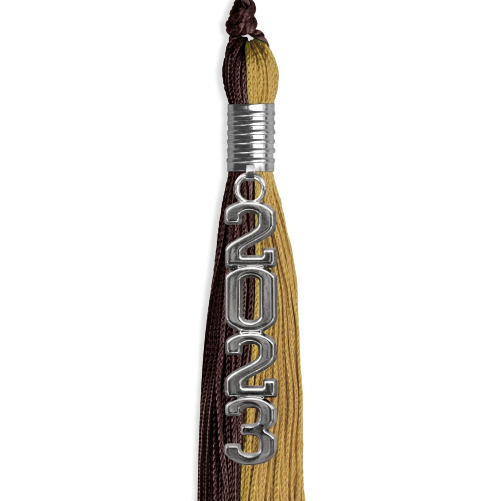 Brown/Antique Gold Graduation Tassel With Silver Stacked Date Drop - Endea Graduation