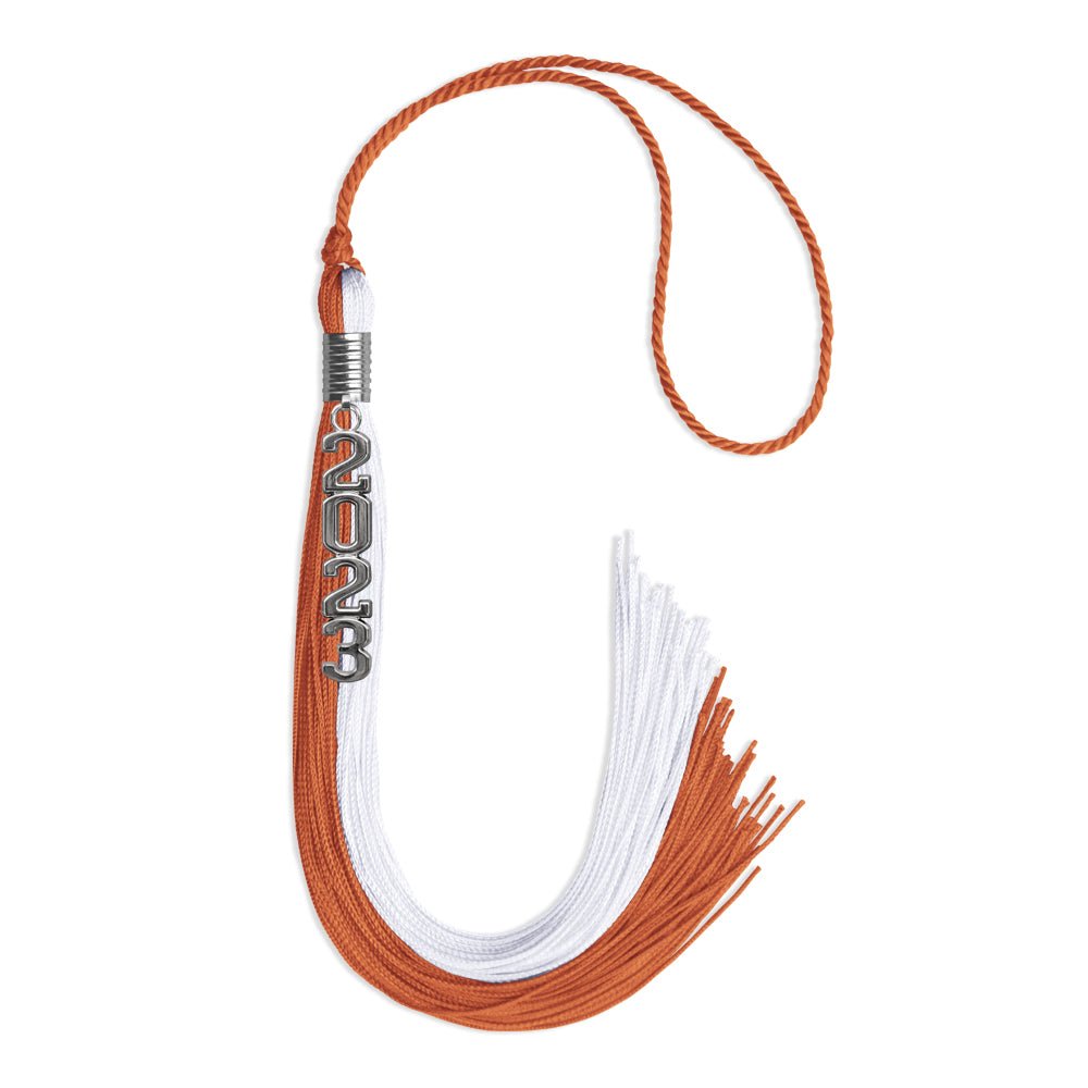 Burnt Orange/White Graduation Tassel With Silver Stacked Date Drop - Endea Graduation