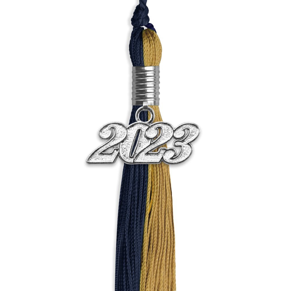 Dark Navy Blue/Antique Gold Graduation Tassel With Silver Date Drop - Endea Graduation