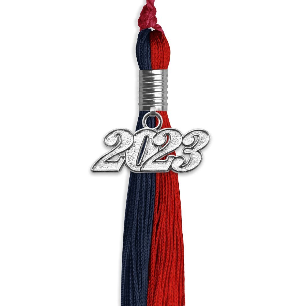 Dark Navy Blue/Red Graduation Tassel With Silver Date Drop - Endea Graduation