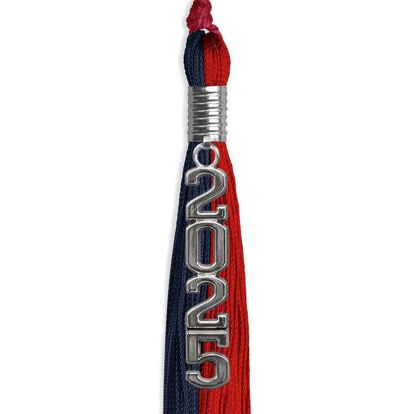 Dark Navy Blue/Red Graduation Tassel With Silver Stacked Date Drop - Endea Graduation