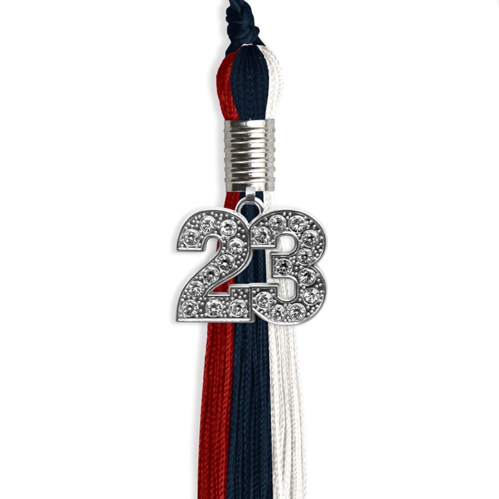 Dark Navy Blue/Red/White Graduation Tassel With Silver Date Drop - Endea Graduation