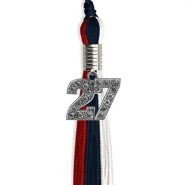 Dark Navy Blue/Red/White Graduation Tassel With Silver Date Drop - Endea Graduation